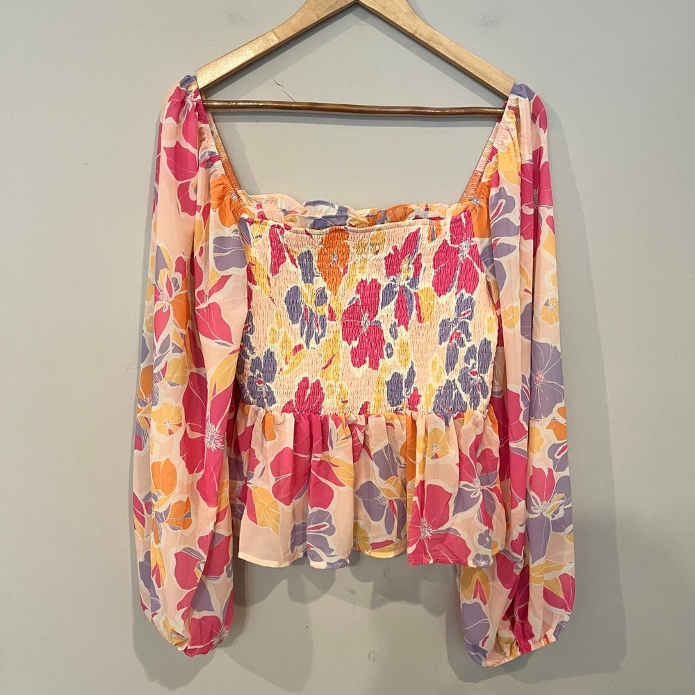 Baltic Born Sally Smocked Top Floral Peplum Pink Multi XL NWT Long Sleeve